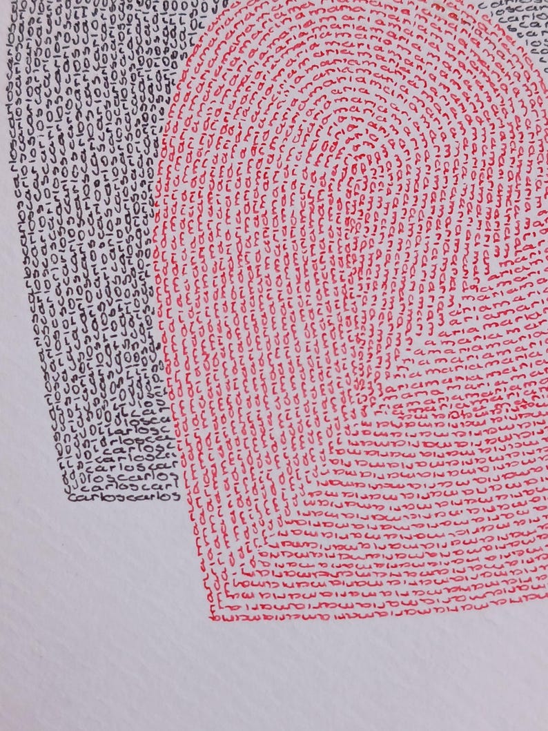 Op de afbeelding: Een detailfoto van twee harten in rood en zwart . De linkerkant gebruikt zwarte tekst "carlos" terwijl de rechterkant rode tekst "maria" gebruikt om het hart op een witte achtergrond te vormen.