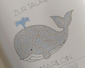 Whale for baptism | Personalized with name | Framed | Baby gift | Calligram | Handwritten words | 17 x 22 cm