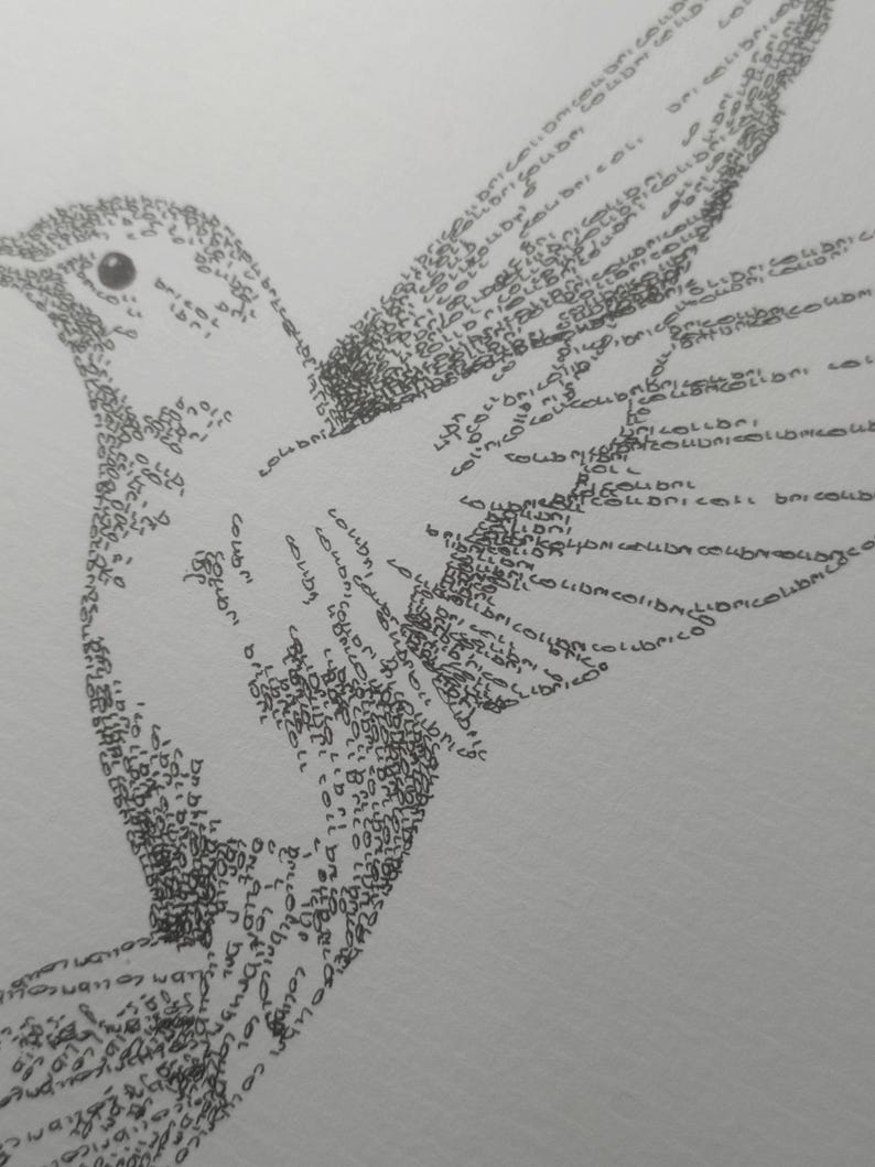 May include: A black and white drawing of a bird made entirely of the word "colubric" repeated many times.
