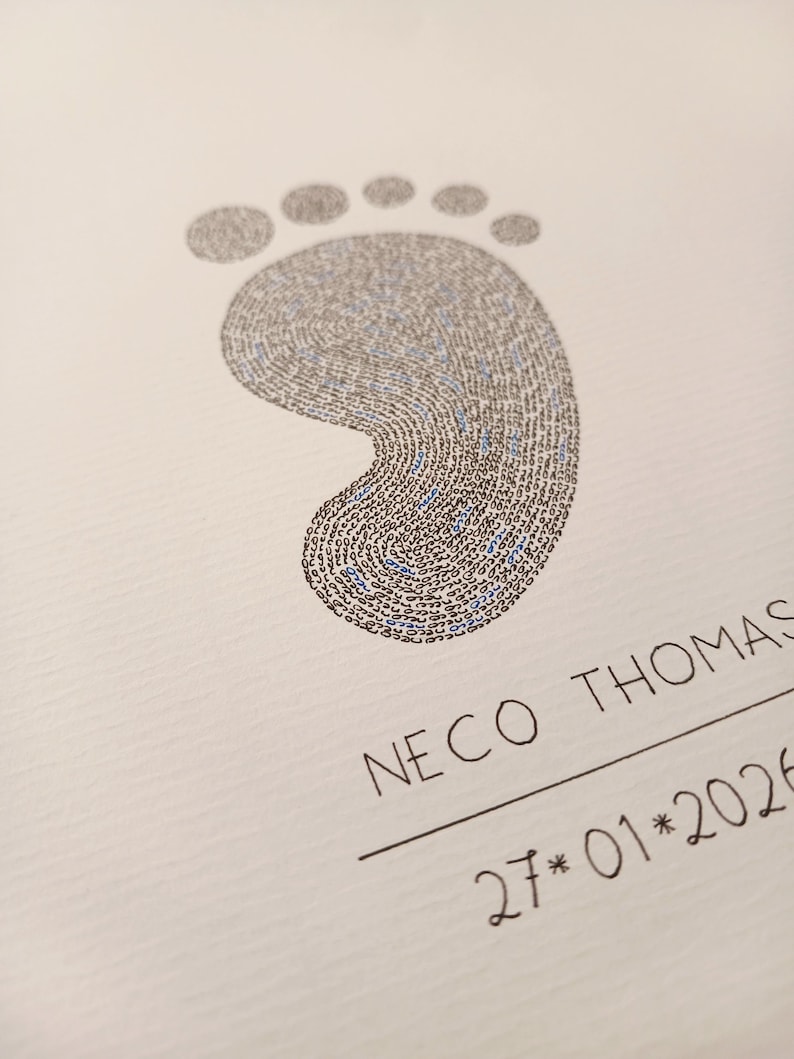 Detailfoto van rechter babyvoetje, gemaakt met handgeschreven woorden in zwart met blauw.