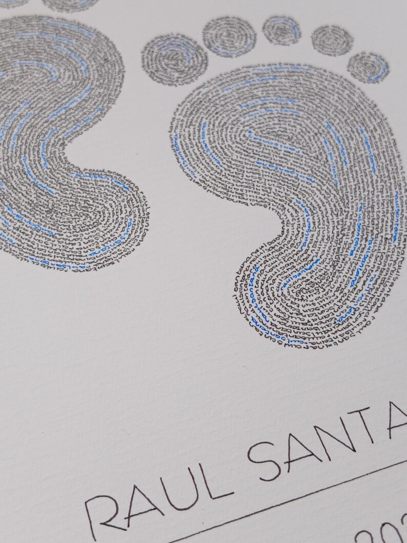 detail van twee babyvoetjes die gemaakt zijn van handgeschreven woorden in de kleuren zwart en blauw.