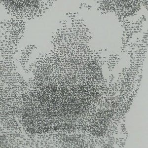 May include: A black and white image of two figures created using the word "she" repeated many times. The figures are facing each other and appear to be holding hands.