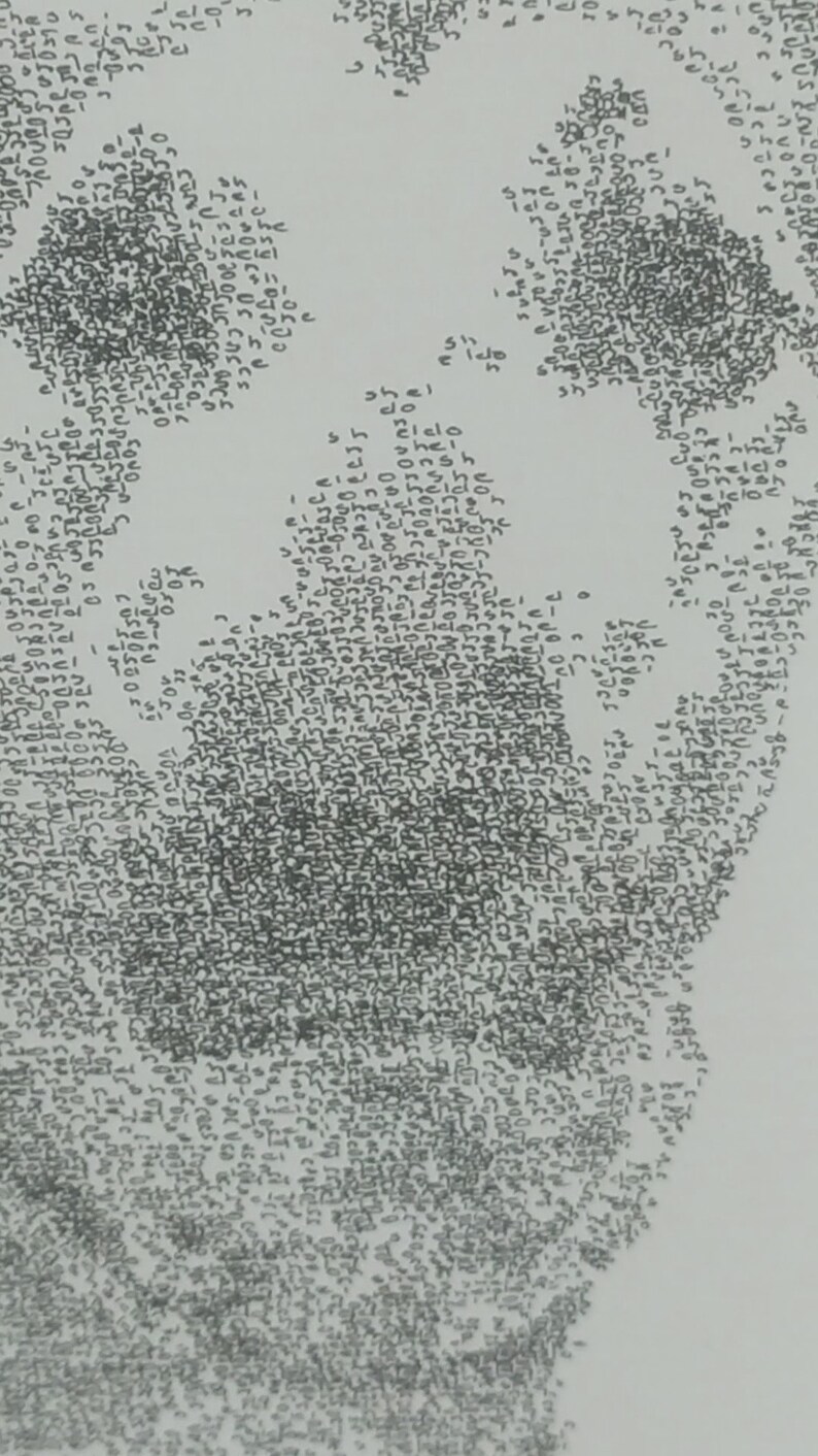 May include: A black and white image of two figures created using the word "she" repeated many times. The figures are facing each other and appear to be holding hands.