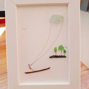 Framed Sea Glass Kite Surfer Art | Vertical Coastal Upcycled Wall Decor Athlete Gift zdjęcie 1