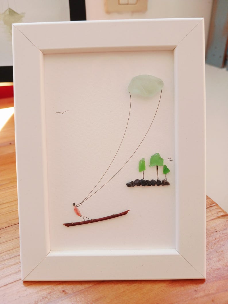 Framed Sea Glass Kite Surfer Art | Vertical Coastal Upcycled Wall Decor Athlete Gift zdjęcie 1