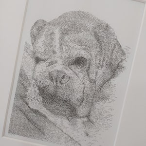 May include: A black and white illustration of a dog's face created using tiny dots. The dog's face is in focus, with the background fading out.