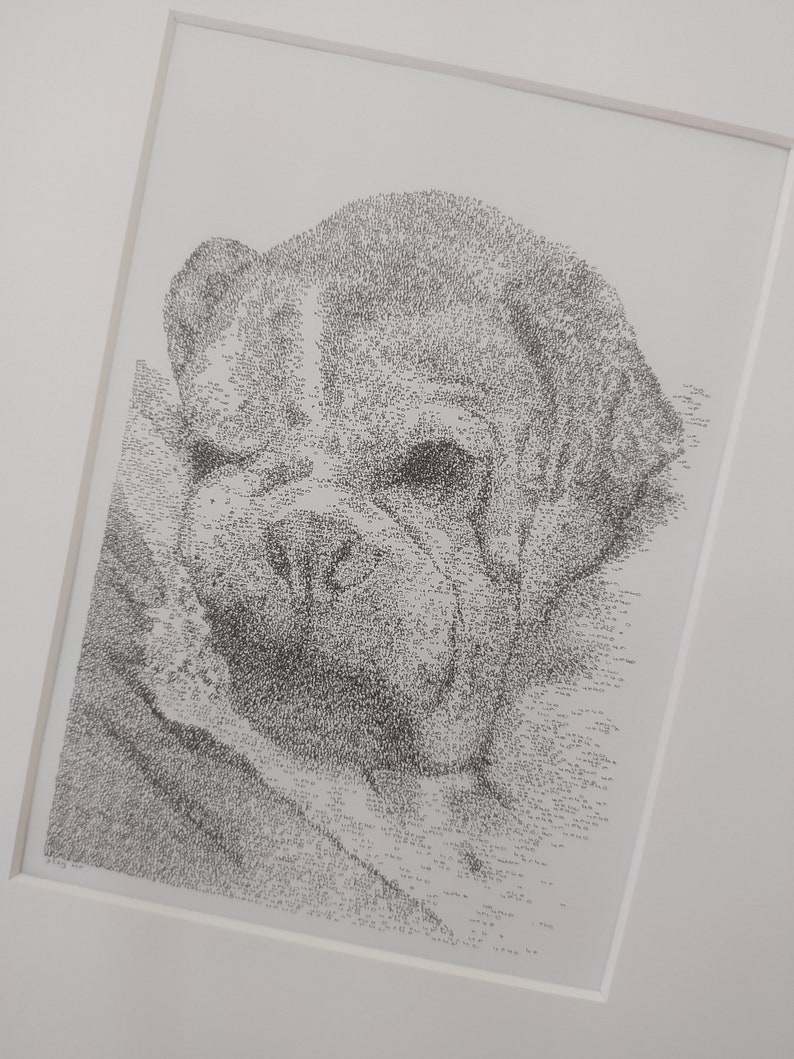 May include: A black and white illustration of a dog's face created using tiny dots. The dog's face is in focus, with the background fading out.