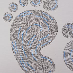 Detail van linker babyvoetje, geschreven met de naam van de baby.