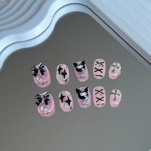 Kuromi Sanrio Inspired Bow Ribbon Cross Black Pink Cute Short Squoval ...