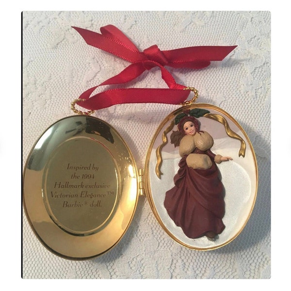 Vintage Victorian Barbie in Gold tone Locket Christmas Tree Ornament by Hallmark Christmas Ornament 1990s 90s 1996