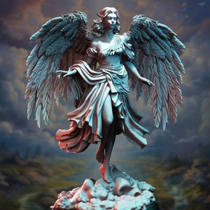 May include: A white, winged statue of a woman with long hair and a flowing dress. The statue is standing on a rocky base and has a dramatic pose.
