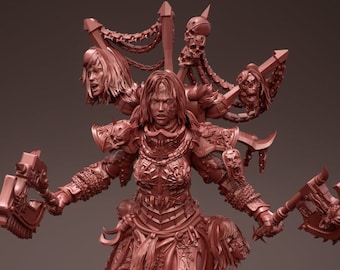 May include: A 3D printed miniature of a female warrior figure with a skull-adorned helmet and armor. She holds two axes and stands on a base of skulls.