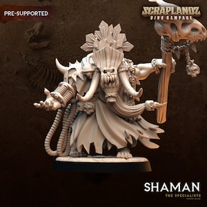 May include: A detailed miniature of a shaman figure, painted in a light gray color. The figure is wearing a feathered headdress and a long robe. The shaman is holding a staff with a skull at the top. The figure is standing on a round base. The text "SHAMAN" and "THE SPECIALISTS" is printed below the figure.