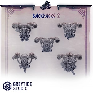 May include: Five 3D printed miniature backpacks with different designs. The backpacks are gray and have various details, including pipes, gears, and a skull. The text "BACKPACKS 2" is at the top of the image.