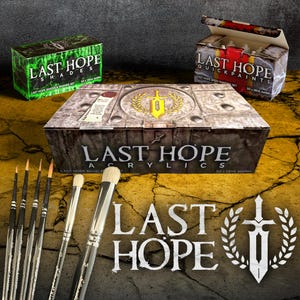 May include: A collection of Last Hope acrylic paints and brushes. The image features boxes of paints, including shades and quick paints, and a set of brushes. The Last Hope logo is prominently displayed with a sword and laurel wreath.