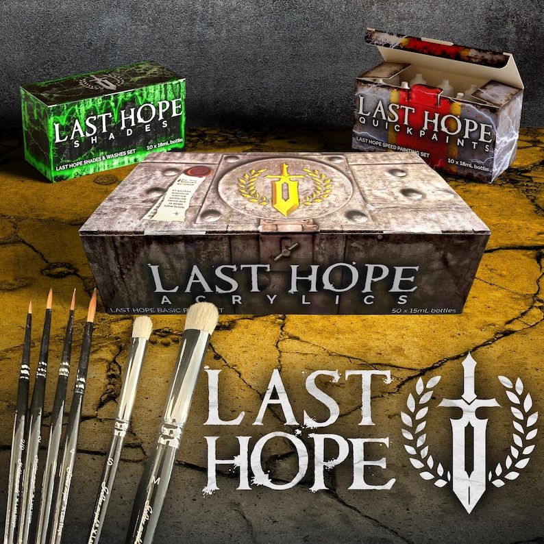 May include: A collection of Last Hope acrylic paints and brushes. The image features boxes of paints, including shades and quick paints, and a set of brushes. The Last Hope logo is prominently displayed with a sword and laurel wreath.