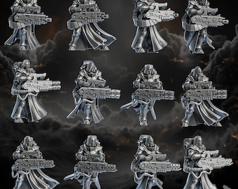 May include: Twelve miniature figures of women wearing hooded robes and holding futuristic weapons. The figures are posed in various stances and are made of a gray material.