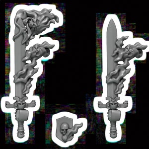 May include: A set of three miniature fantasy swords with a skull and flame design. The swords are made of gray plastic and are detailed with flames and skulls.
