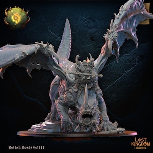 May include: A detailed, gray miniature of a fantasy creature with large wings, horns, and a menacing expression. The figure is mounted on a base, with the text "Rotten Hosts vol III" and "Lost Kingdom miniatures" visible.