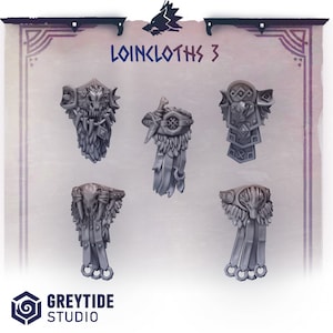 May include: Four different designs of grey 3D printed loincloths with various details, including skulls, feathers, and straps. The text "LOINCLOTHS 3" is at the top of the image.