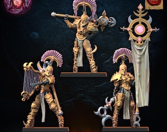 Puede incluir: Figuras en miniatura de Lust Warriors Vol. 4, con armaduras y armas detalladas. Las figuras son predominantemente doradas con detalles morados y blancos. Una figura sostiene un arpa, otra una bandera, y otras empuñan armas. Miniaturas de Lost Kingdom, compatibles con The 9th Age.