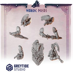 May include: A collection of grey miniature figurines, including arms with weapons, a shield with a wolf design, and a figure with a skull and axe. The text "HEROIC POSES" is displayed at the top. The GreyTide Studio logo is at the bottom.