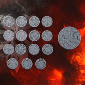 May include: A set of 15 gray plastic circular bases with intricate designs. The bases are perfect for tabletop gaming or miniature figures.