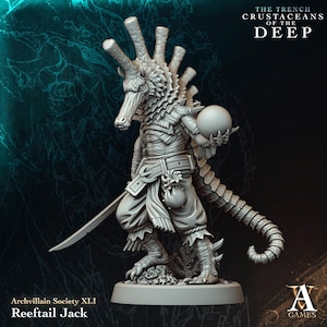 May include: A gray, detailed miniature figure of a creature with a reptilian head, holding a sphere and a sword. The figure is wearing a belt and clothing, with a long tail. The base reads "Archvillain Society XLI Reeftail Jack."