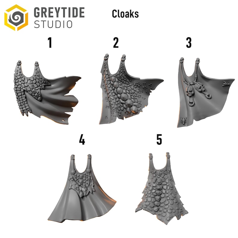 May include: Five gray cloaks with different textures and designs are displayed against a white background. The cloaks are numbered 1 through 5. The text "GREYTIDE STUDIO" and "Cloaks" are visible at the top of the image.