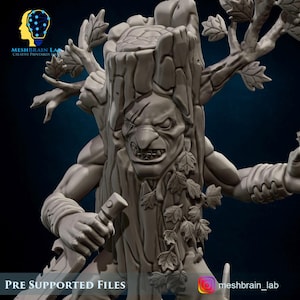 May include: A gray, detailed miniature of a tree creature holding a sword. The creature has a gnarled, tree-like body with a face and arms. The creature is covered in leaves and vines.