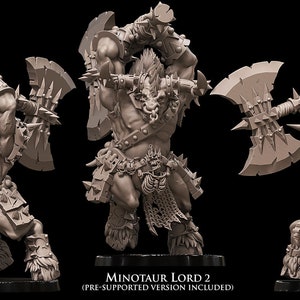 May include: A 3D printed miniature of a Minotaur Lord, a mythical creature with a bull's head and human body, wielding a large axe. The miniature is in a grey color and is posed in a dynamic action pose. The text "MINOTAUR LORD 2 (PRE-SUPPORTED VERSION INCLUDED)" is printed below the miniature.