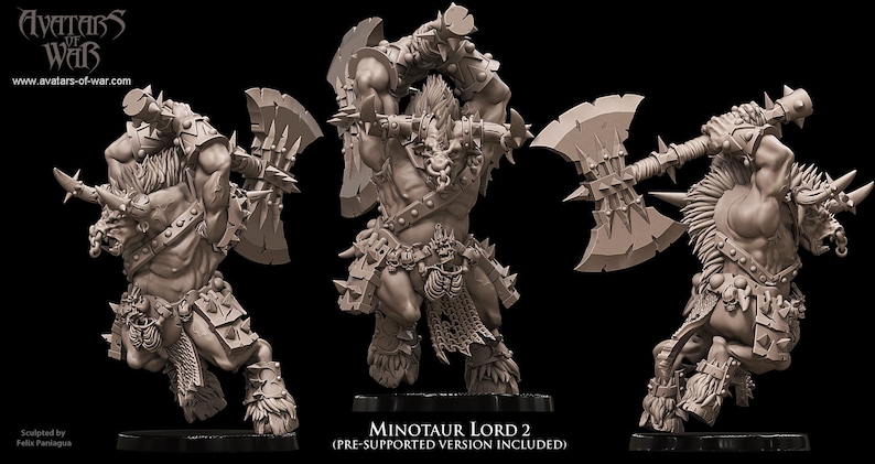 May include: A 3D printed miniature of a Minotaur Lord, a mythical creature with a bull's head and human body, wielding a large axe. The miniature is in a grey color and is posed in a dynamic action pose. The text "MINOTAUR LORD 2 (PRE-SUPPORTED VERSION INCLUDED)" is printed below the miniature.