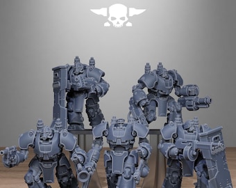 May include: A set of six gray plastic miniature robots with various weapons and shields. The robots are standing on a wooden surface. The text "STATIONFORGE" is visible at the top of the image.