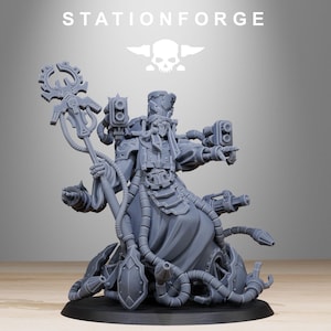 May include: A gray 3D printed miniature of a futuristic robot with a staff, multiple pipes, and a large hat. The robot is standing on a round base.
