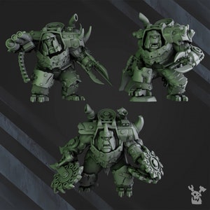 May include: Three green plastic miniatures of orcs wearing armor and wielding weapons. The orcs are in various poses, with one holding a large axe, another holding a shield, and the third holding a sword.