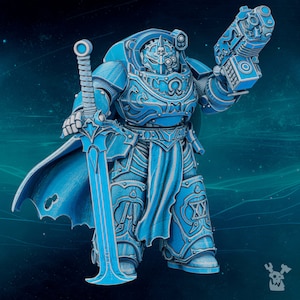 May include: A blue and silver space marine miniature figure holding a gun and a sword. The figure is wearing a helmet and armor with intricate details. The figure is standing on a blue and green background.
