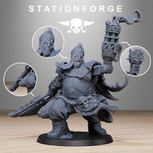 May include: A gray miniature figurine of a warrior in ornate armor, holding a large weapon with a flame effect. The figurine has a detailed design, including a helmet and skull accents. The text "STATIONFORGE" is at the top.