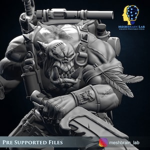 May include: A detailed 3D printed model of a grey, heavily armored, orkish warrior holding a large, bladed weapon. The model features intricate details, including a skull on the warrior's arm and a feather on the warrior's shoulder. The model is pre-supported for easy printing.