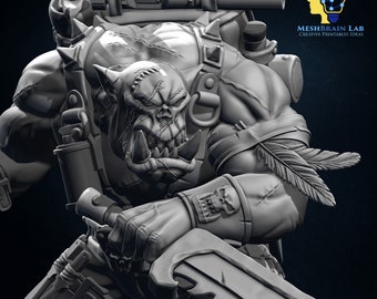 May include: A detailed 3D printed model of a grey, heavily armored, orkish warrior holding a large, bladed weapon. The model features intricate details, including a skull on the warrior's arm and a feather on the warrior's shoulder. The model is pre-supported for easy printing.