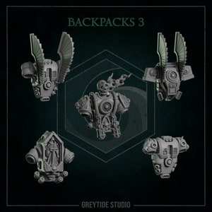 May include: Five 3D printed miniature backpacks for tabletop gaming. The backpacks are in various styles, including a winged backpack, a backpack with a skull and crossbones, and a backpack with a simple design.