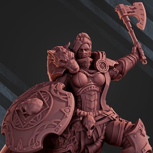 May include: A female warrior figurine with a wolf on her shoulder, holding a shield and an axe. She is wearing a helmet and armor with intricate details. The figurine is painted in a reddish-brown color.