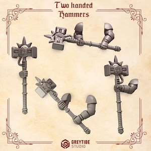 May include: A set of four two-handed hammers with intricate details. The hammers are made of a gray material and have a textured surface. The hammers are designed for tabletop gaming or miniature wargaming.
