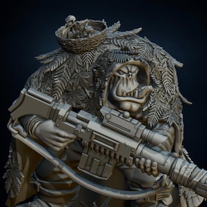 May include: A gray miniature figure of an orc wearing a hooded cloak covered in detailed fern and maple leaf textures. The orc holds a large rifle with a scope and magazine. A small bird skeleton rests in a nest perched on the orc's shoulder.