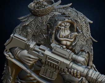 May include: A gray miniature figure of an orc wearing a hooded cloak covered in detailed fern and maple leaf textures. The orc holds a large rifle with a scope and magazine. A small bird skeleton rests in a nest perched on the orc's shoulder.