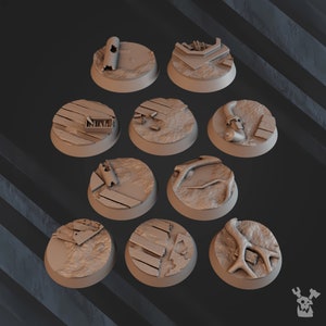 May include: Ten different round, gray, resin bases for miniature figures. Each base features a different textured surface, including wood planks, rubble, and branches.