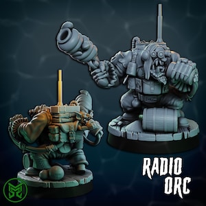 May include: A gray, 3D printed miniature of an Orc with a radio antenna and a backpack. The Orc is holding a large, cylindrical weapon in one hand and a smaller, cylindrical object in the other. The miniature is standing on a circular base with a textured surface. The text "RADIO ORC" is printed on the base.