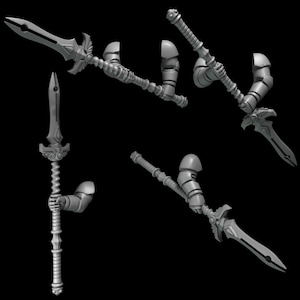 May include: Five different views of a 3D printed plastic model of a fantasy weapon. The weapon is a long, bladed spear with a decorative handle and a winged design at the top.