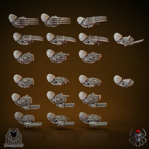 May include: A set of 18 3D printed miniature robot arms with different poses and weapons, including claws, blades, and chainsaws. The arms are printed in a light gray color and are pre-supported for easy printing.