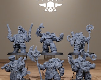 Op de afbeelding: Zes grijze plastic miniatuurfiguren van steampunk-robots met verschillende gereedschappen en wapens. De figuren staan op ronde bases.