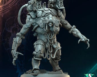 May include: A detailed, gray Bio-Goliath 1 miniature figure. The figure has a mechanical design with tubes, armor plating, and two large gun-like structures on its shoulders. The text "THE TRANSCENDED RESERVOIRS OF DEATH" and "A GAMES" are visible.